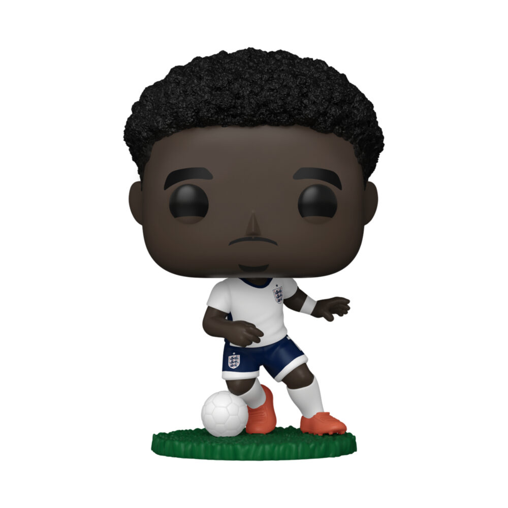 Bukayo Saka England Football Funko Pop #88 posed with a football on a grass display base