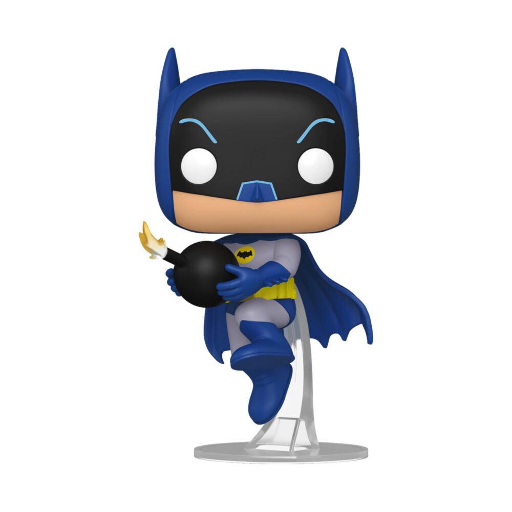 Batman Classic TV Series Funko Pop #624 carrying a lit bomb in a flying pose on a display stand