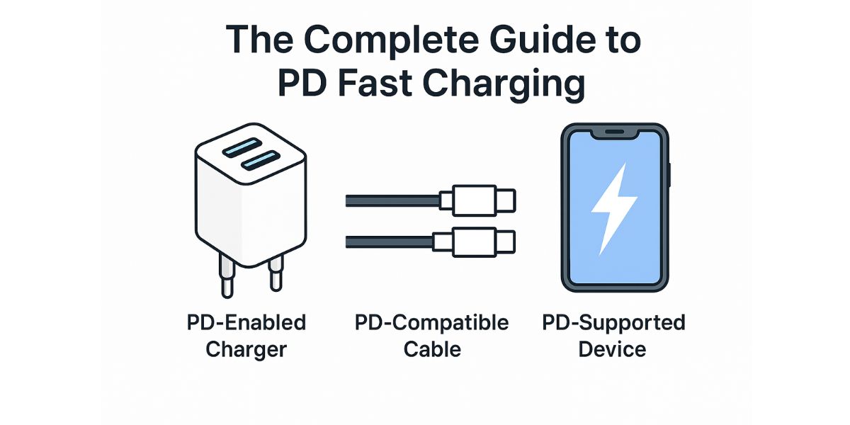 Illustration of USB Power Delivery setup with compatible charger, cable, and device