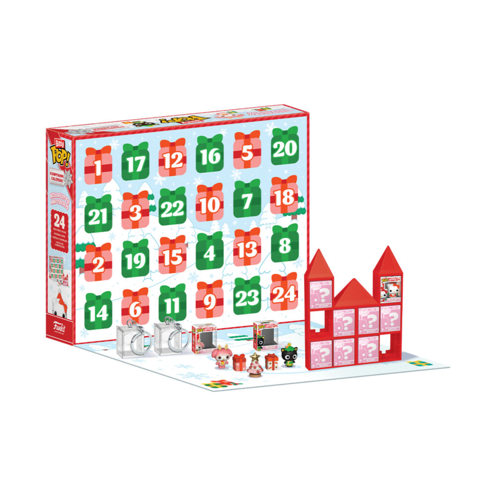 Open Hello Kitty and Friends Funko Bitty Pop countdown calendar showing 24 numbered gift doors, figures, cases and a red castle display