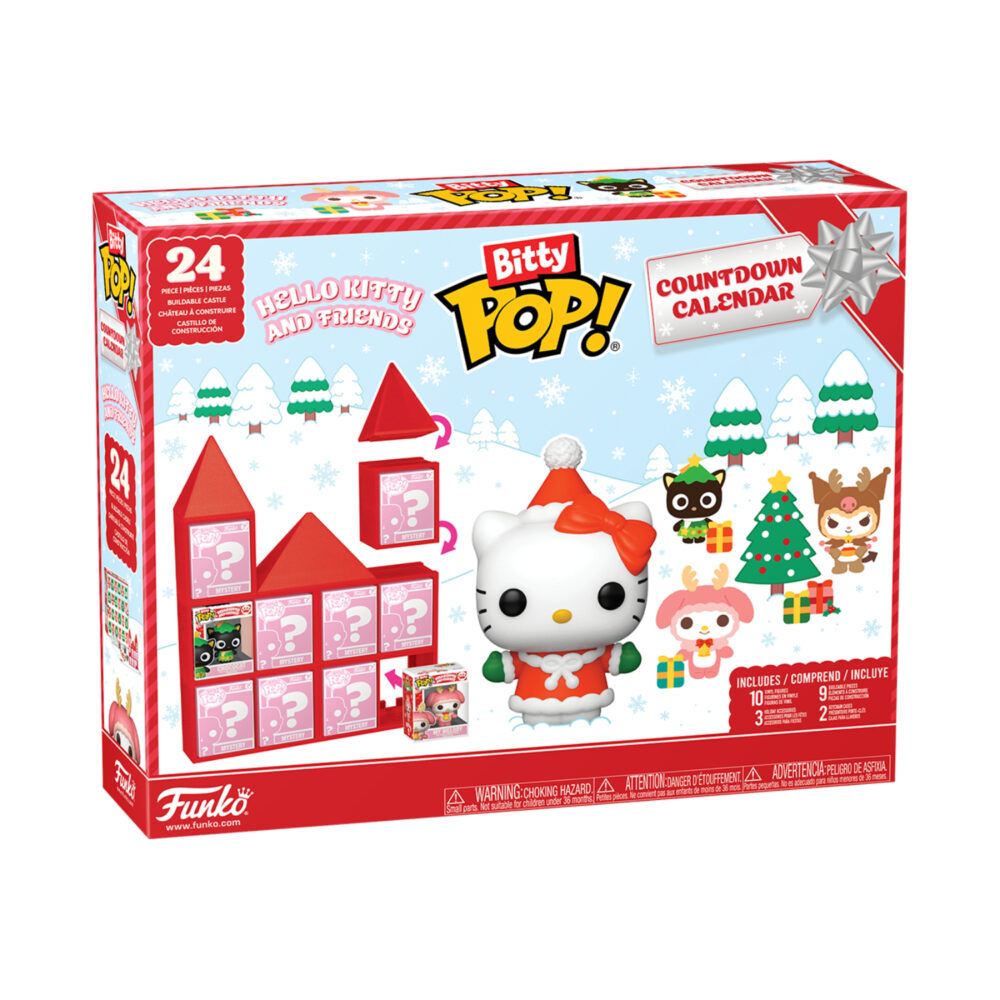 Front angled view of the Hello Kitty and Friends Funko Bitty Pop 24-piece countdown calendar with festive characters and buildable display artwork