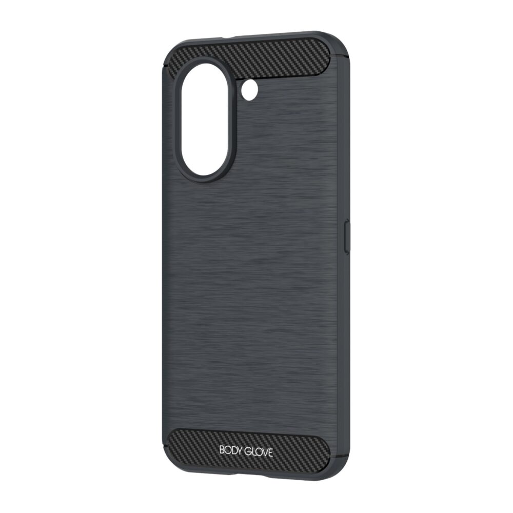Black HONOR X7e Body Glove Impact case shown from an angled rear view with its camera opening, flash opening and side button cover visible