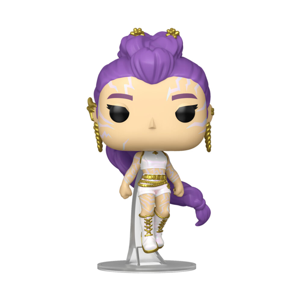 KPop Demon Hunters Rumi Funko Pop #2430 with purple hair, a white outfit and gold details