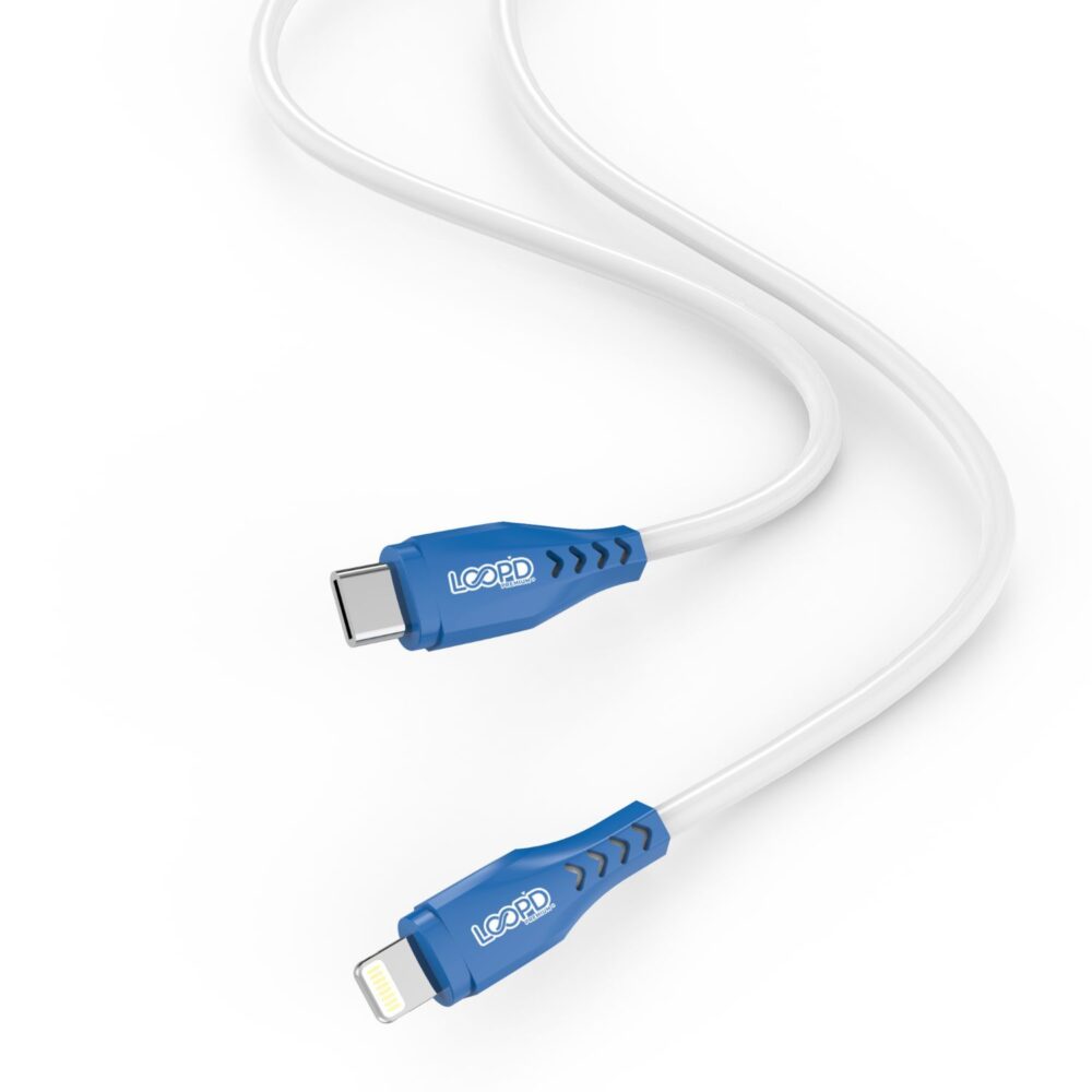 30W LOOPD Apple Type C to Lightning MFI Fast Charge White & Blue 1.2 Meter Charge and Sync Cable