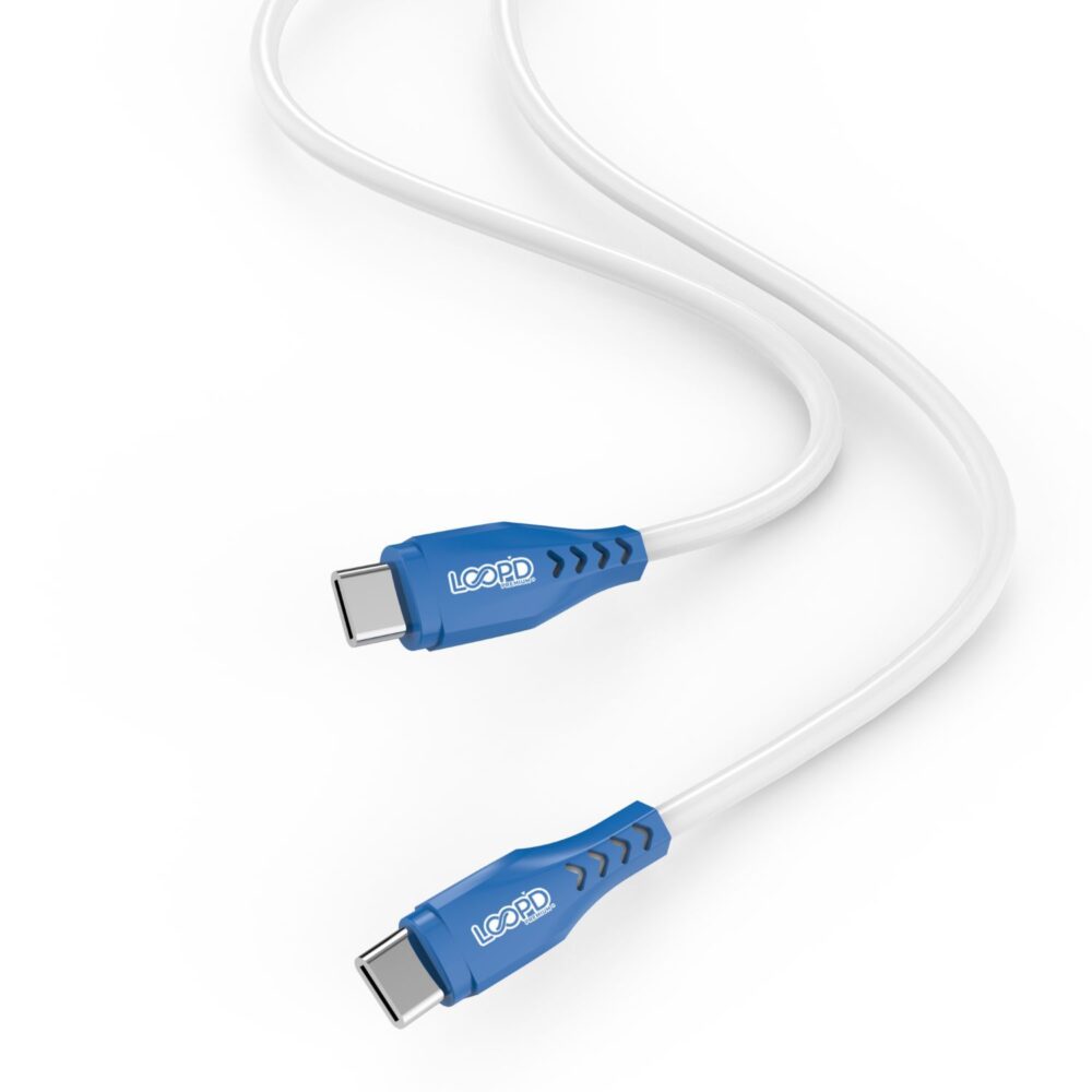 White & Blue LOOPD 60W Type C to Type C Fast Charge 1.2 Meter Charge and Sync Cable