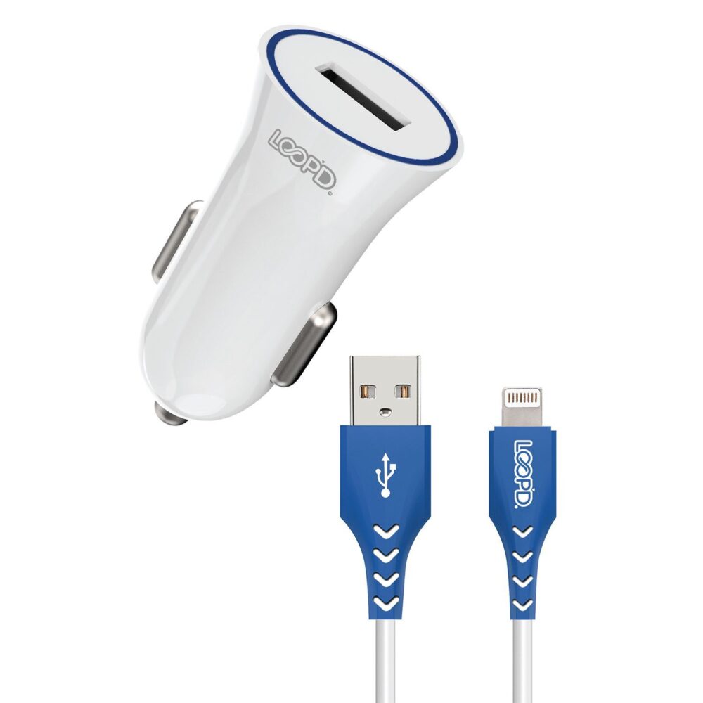 Apple LOOPD 10.5W 1.2 Meters 2 Port Car Charger Cable Combo USB 2.0 to Lightning MFI White