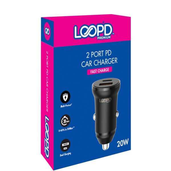 LOOPD 20W 2 Port Black Dual Car Charger Universal PD Fast Charge Charging Adapter