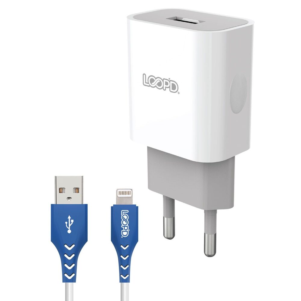 Universal LOOPD 10.5W 1.2 Meters 1 Port Wall Charger Cable Combo USB 2.0 to Lightning MFI White