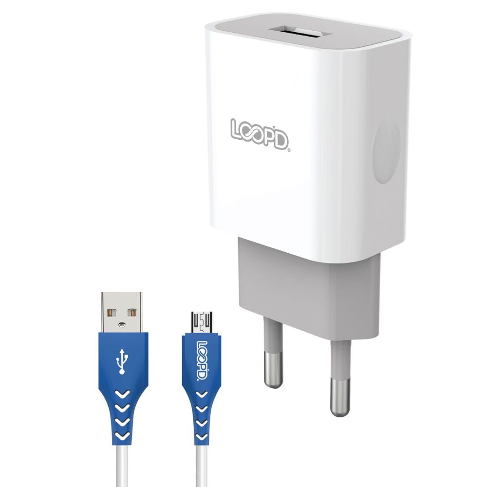 Universal LOOPD 10.5W 1.2 Meters 1 Port Wall Charger Cable Combo USB 2.0 to Micro USB White