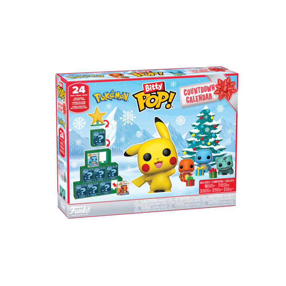 Front angled view of the Pokémon Funko Bitty Pop 24-piece countdown calendar with Pikachu, Charmander, Squirtle and Bulbasaur artwork