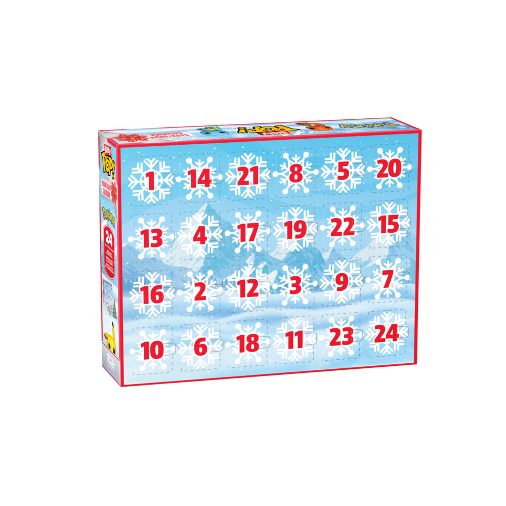 Rear view of the Pokémon Funko Bitty Pop countdown calendar showing 24 numbered snowflake doors