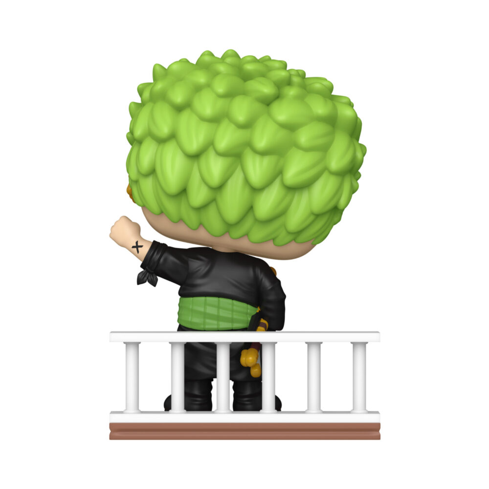Roronoa Zoro One Piece Funko Pop #2331 shown from behind standing at a white balcony railing
