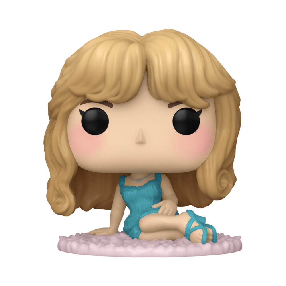 Sabrina Carpenter Funko Pop #479 wearing a blue Short n’ Sweet nightgown and seated on a pink cushion