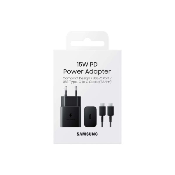 Samsung Black 1 Port PD Fast Charge Wall Charger Cable Combo 1 Meter Type C to Type C 15W Universal