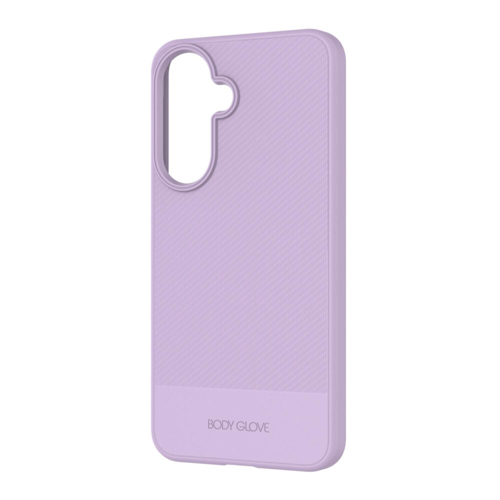 Empty lavender Body Glove Astrx case for the Samsung Galaxy A27 shown from a three-quarter rear angle