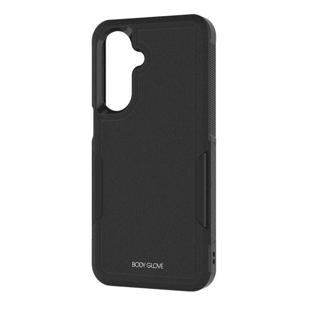 Empty black Body Glove Defender case for the Samsung Galaxy A27 shown from a three-quarter rear angle
