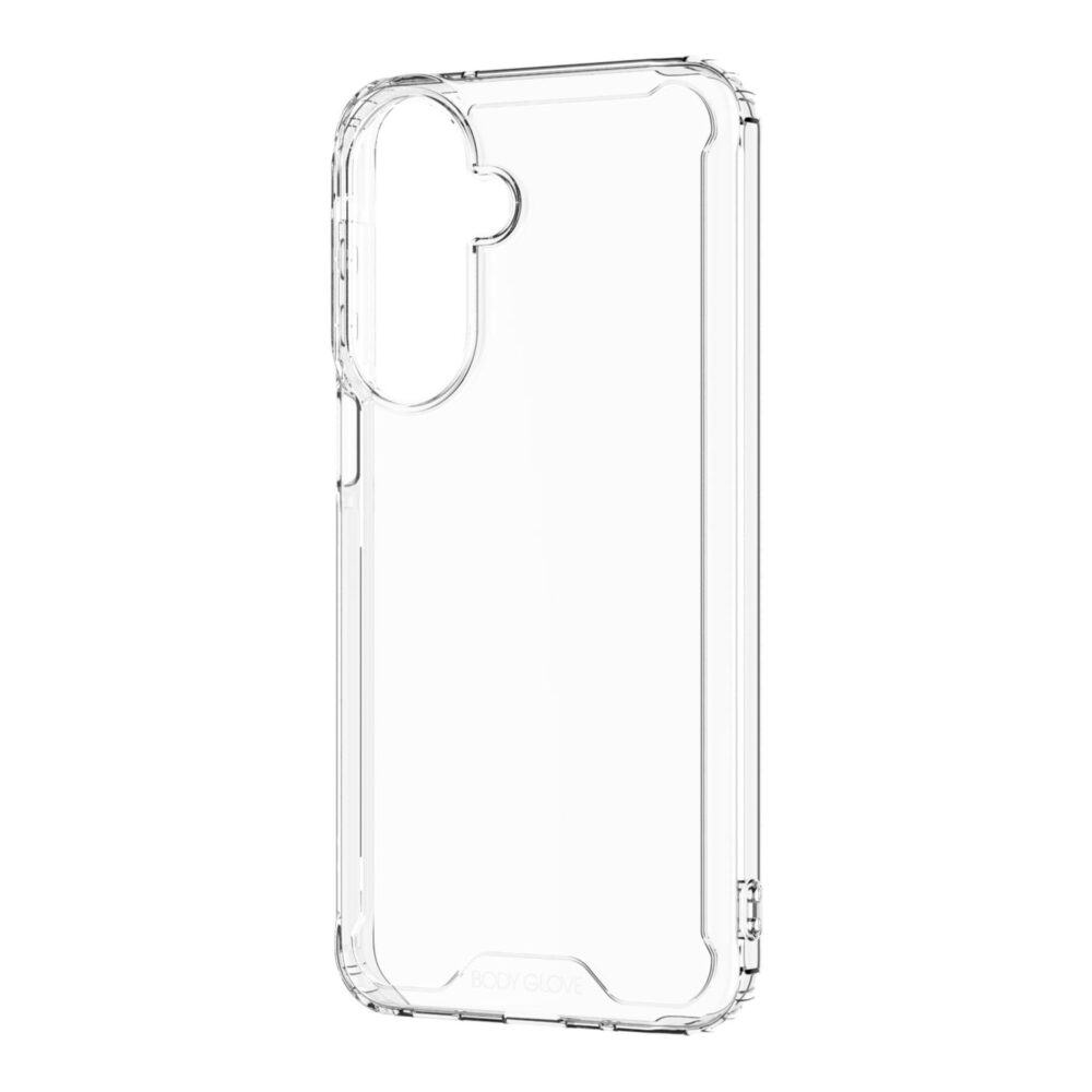 Empty clear Body Glove Lite case for the Samsung Galaxy A27 shown from a three-quarter rear angle