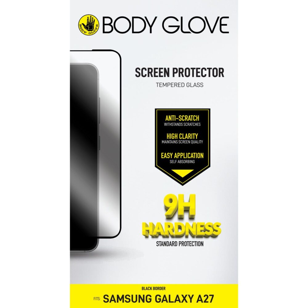 Front view of the Samsung Galaxy A27 Body Glove tempered glass screen protector packaging showing anti-scratch, high-clarity and 9H hardness information