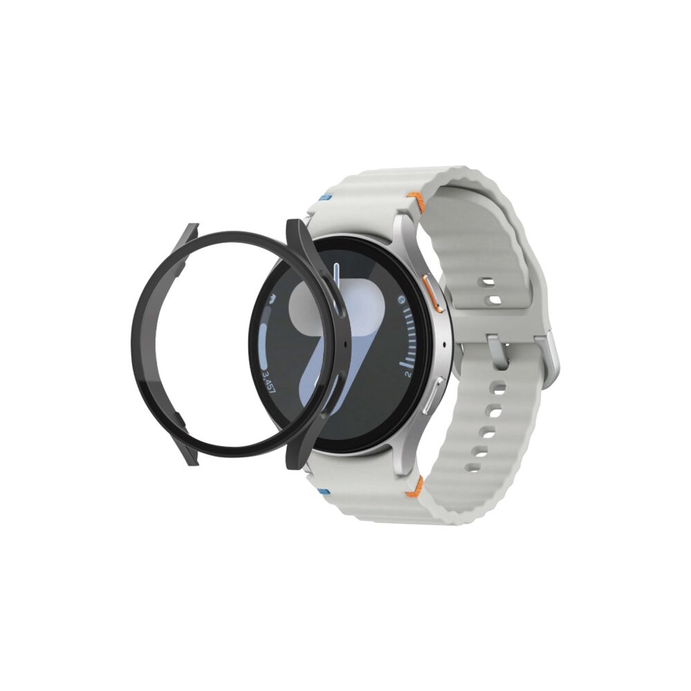 Black Samsung Galaxy Watch7 40mm snap-on case with built-in screenguard shown beside the watch in an exploded view
