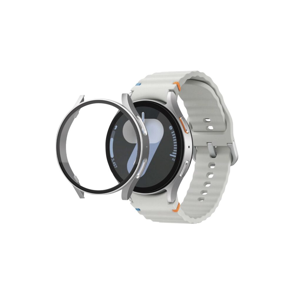 Silver Samsung Galaxy Watch7 40mm snap-on case with built-in screenguard shown beside the watch in an exploded view