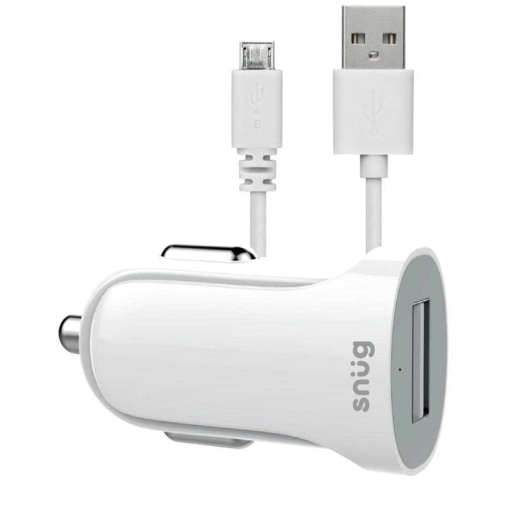 Snug 10.5W 1 Port Car Charger Cable Charging Combo 1.2 Meters Universal USB 2.0 to Micro USB White