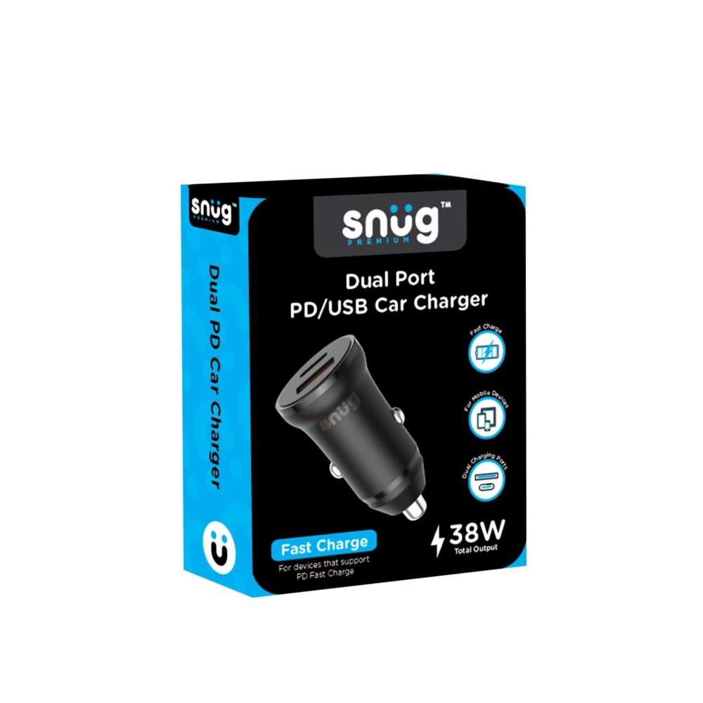 Snug 38W Black 2 Port Car Charger Universal Quick Charge 3.0 PD Fast Charge Charging Adapter