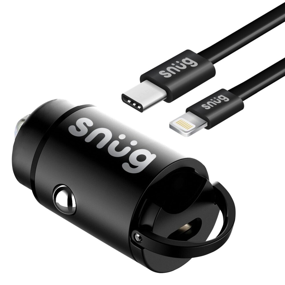 Snug 30W 1 Port Car Charger Cable Combo 1.2 Meters Universal Type C to Lightning MFI Black PD Fast Charge Charging