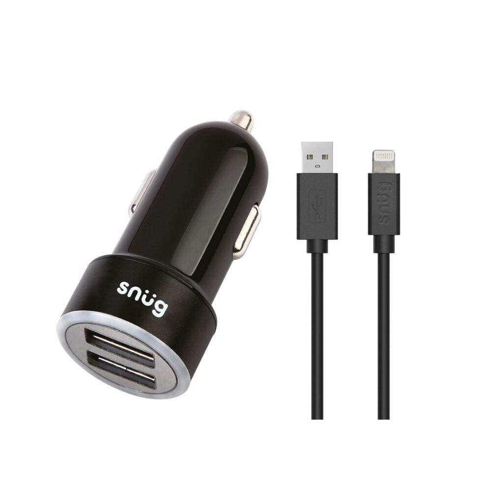 Snug 17W 2 Port Car Charger Cable Charging Combo 1.2 Meters Apple USB 2.0 to Lightning MFI Cable Included Black