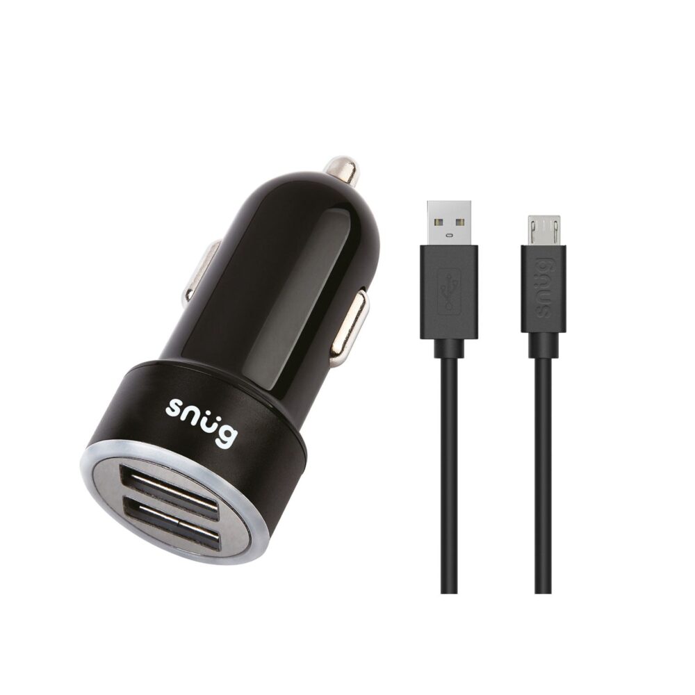 Snug 17W 2 Port Car Charger Cable Charging Combo 1.2 Meters USB 2.0 to Micro USB Cable Included Black