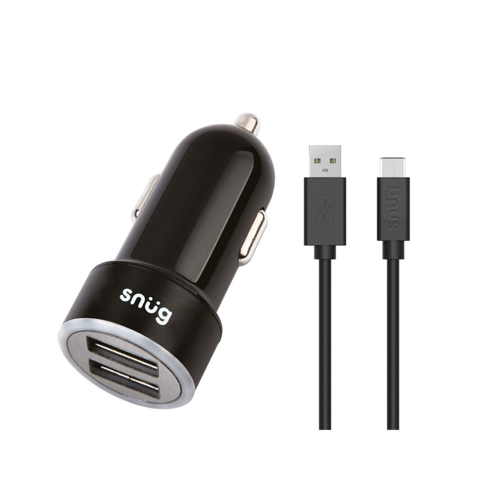 Snug 17W 2 Port Car Charger Cable Charging Combo 1.2 Meters USB 2.0 to Type C Cable Included Black