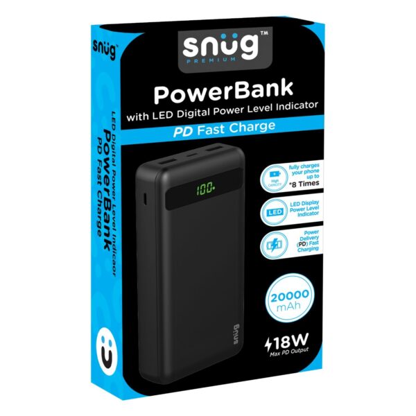 Charge up to three devices simultaneously with this 18W Snug 20000mAh Power Bank, while the LED display power level indicator keeps you informed.