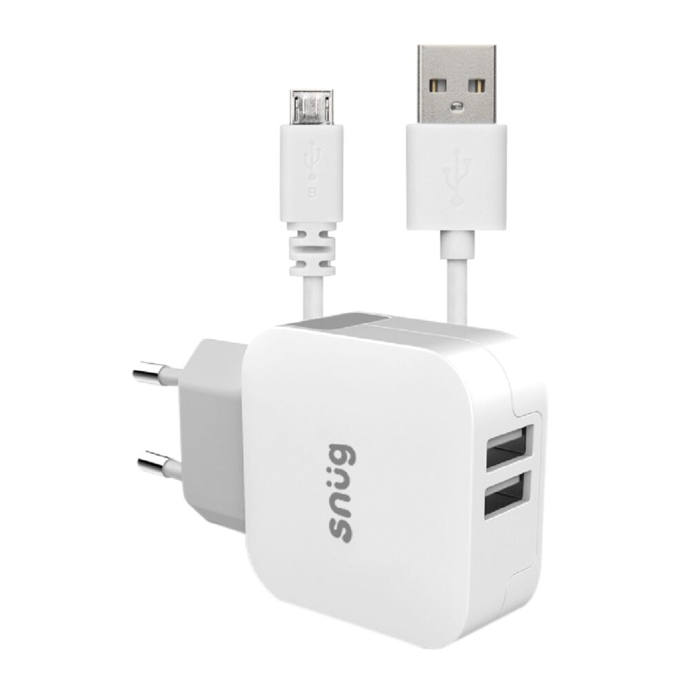Universal Snug 12W 1.2 Meters 2 Port Wall Charger Cable Combo USB 2.0 to Micro USB White