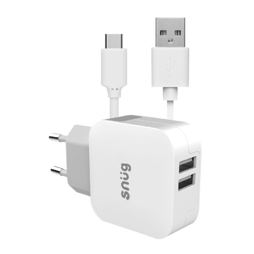 Universal Snug 12W 1.2 Meters 2 Port Wall Charger Cable Combo USB 2.0 to Type C White