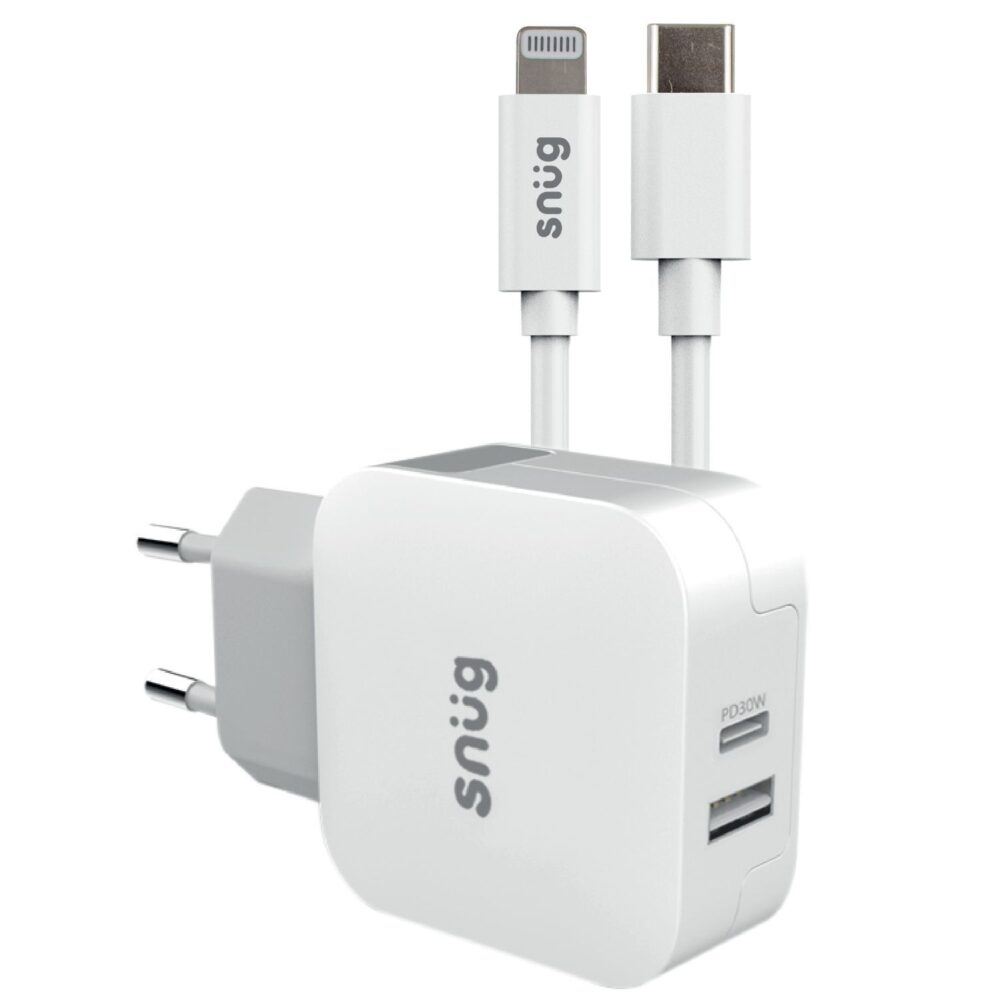 Apple Snug 30W 1.5 Meters 2 Port PD Fast Charge Wall Charger Cable Combo Type C to Lightning MFI White