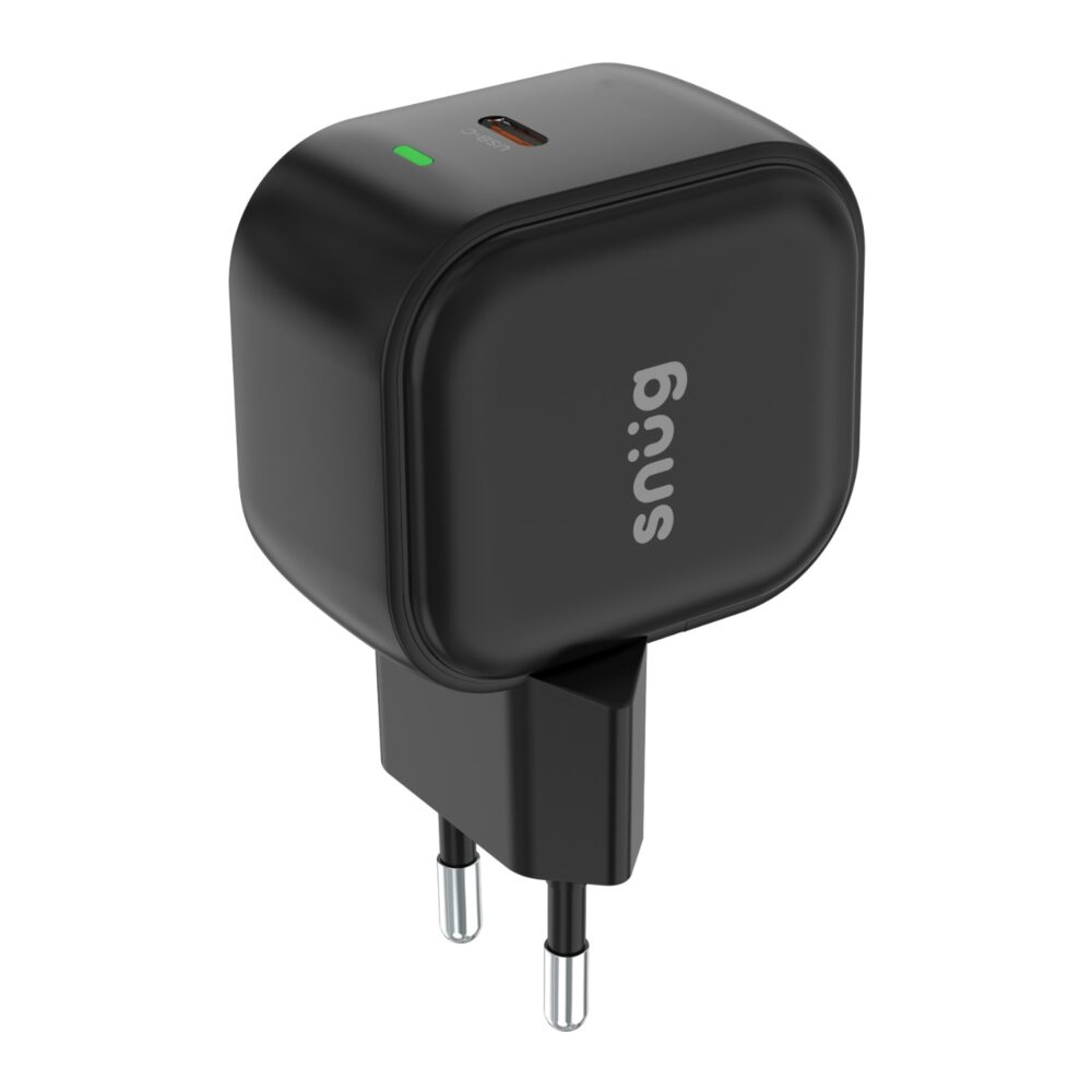 Front view of the black Snug 25W USB-C PD GaN wall charger