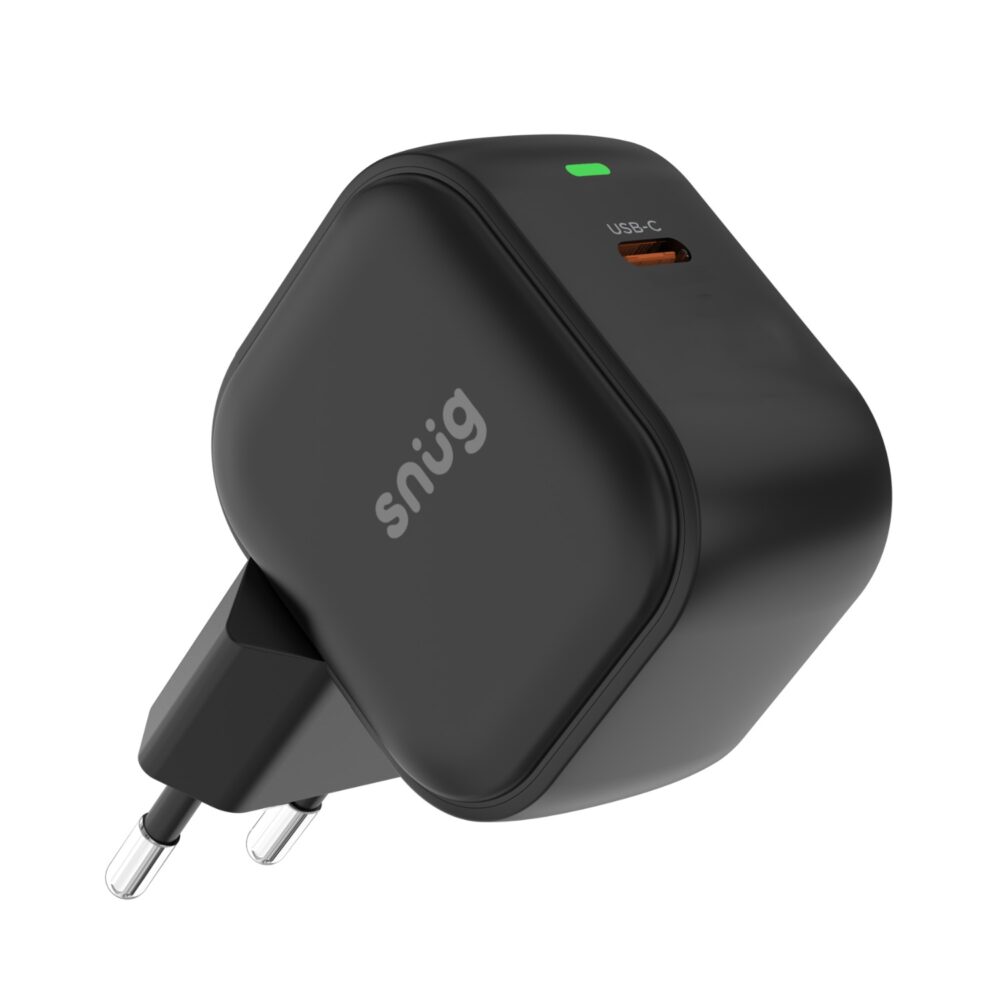Angled view of the black Snug 25W USB-C PD GaN wall charger showing its single USB-C port