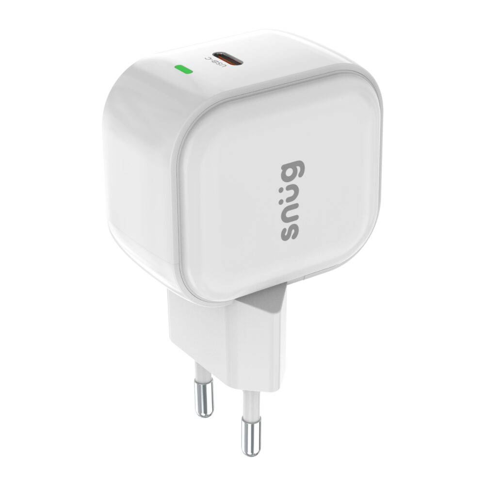 Front view of the white Snug 25W USB-C PD GaN wall charger