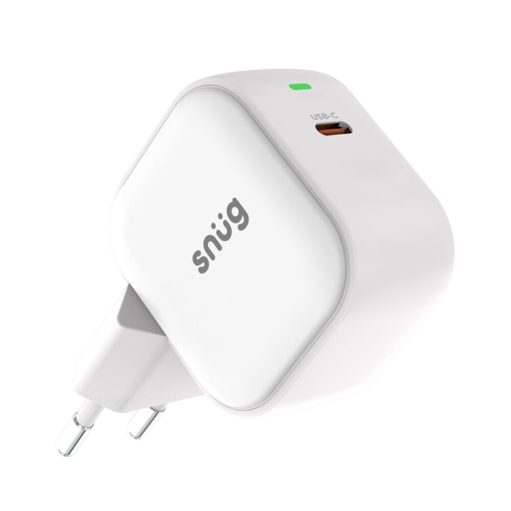 Angled view of the white Snug 25W USB-C PD GaN wall charger showing its single USB-C port