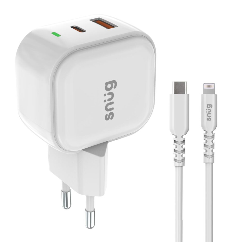 White Snug 35W GaN wall charger with USB-C and USB-A ports and an MFi USB-C to Lightning cable