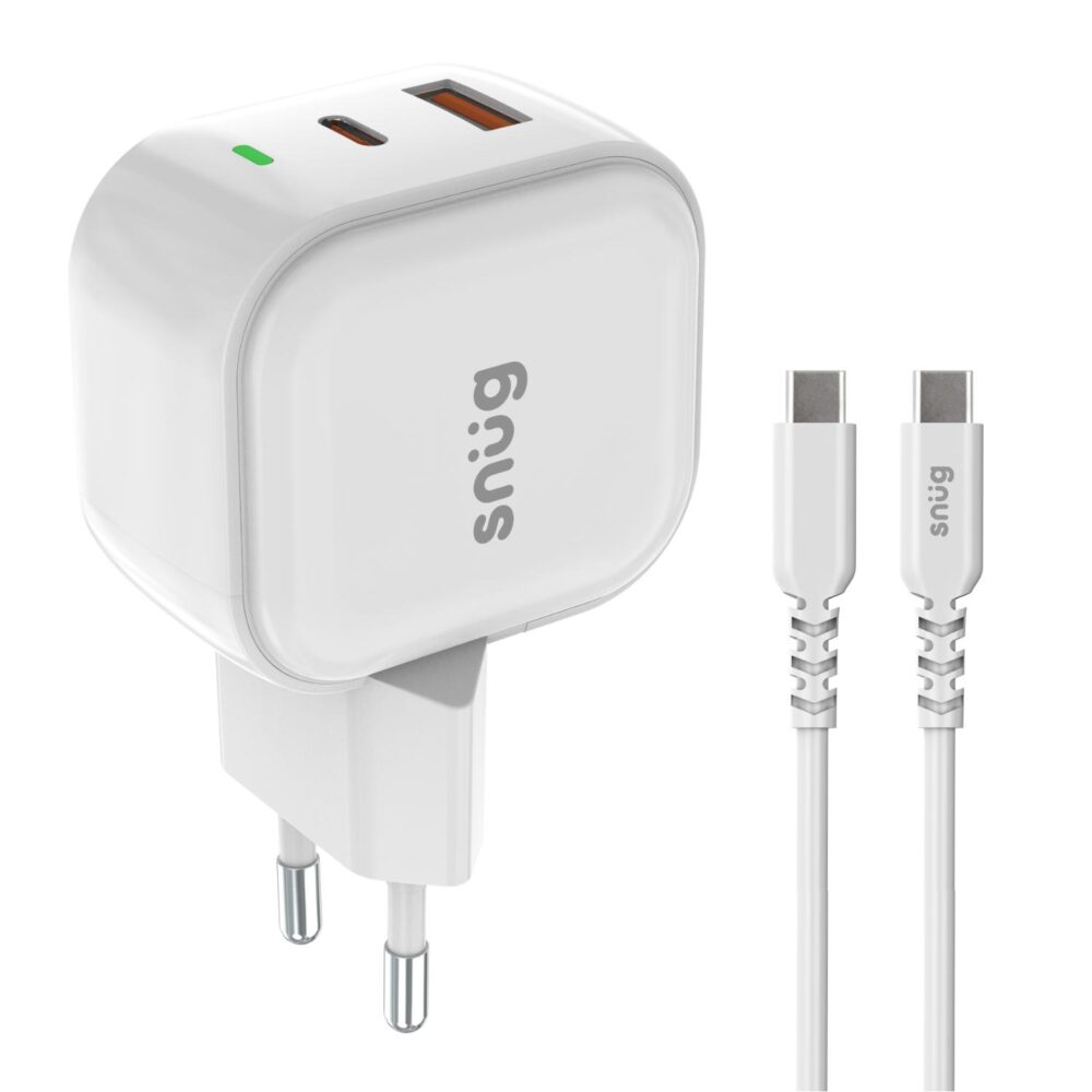 White Snug 35W GaN wall charger with USB-C and USB-A ports and a USB-C to USB-C cable