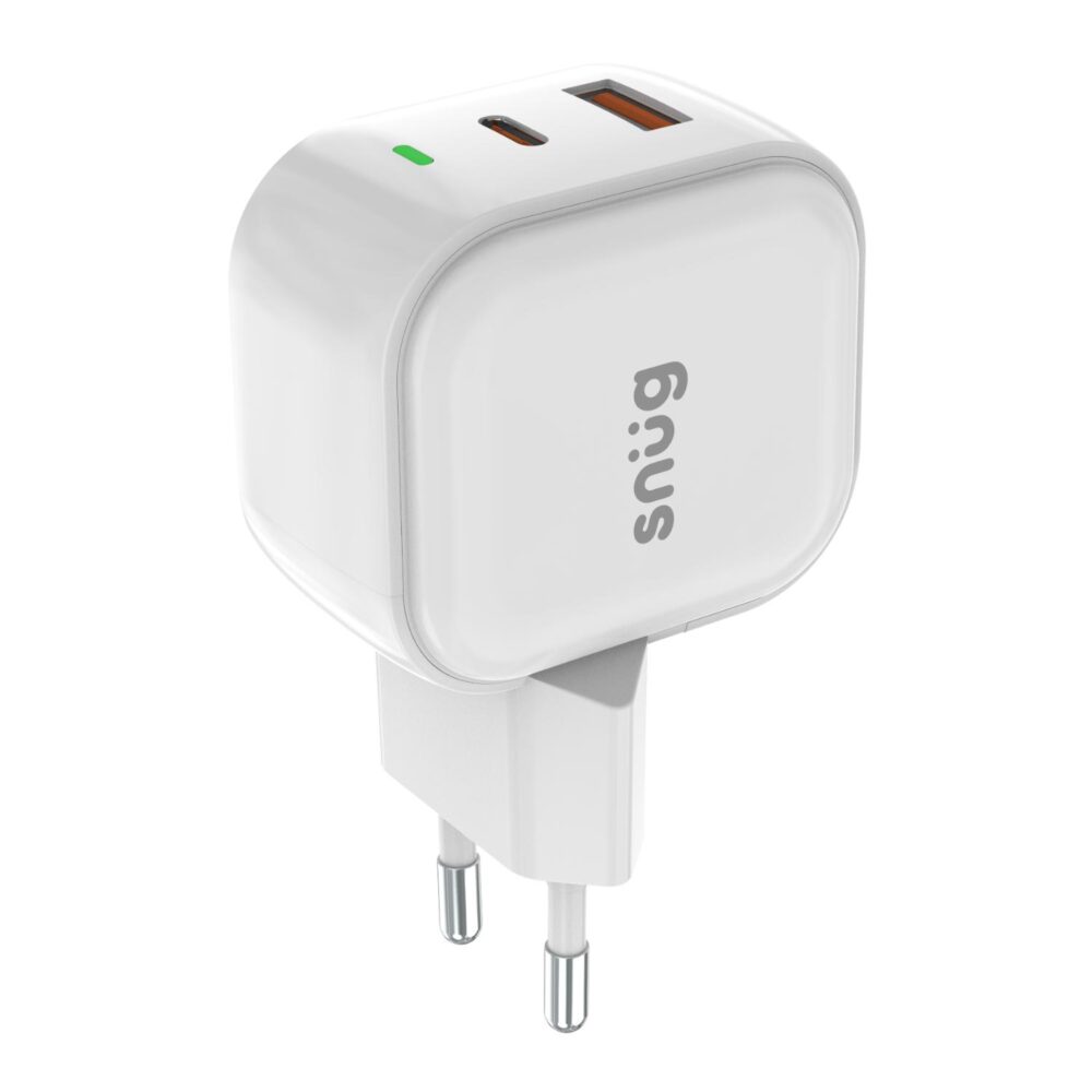 Front view of the white Snug 35W GaN wall charger with USB-C and USB-A ports