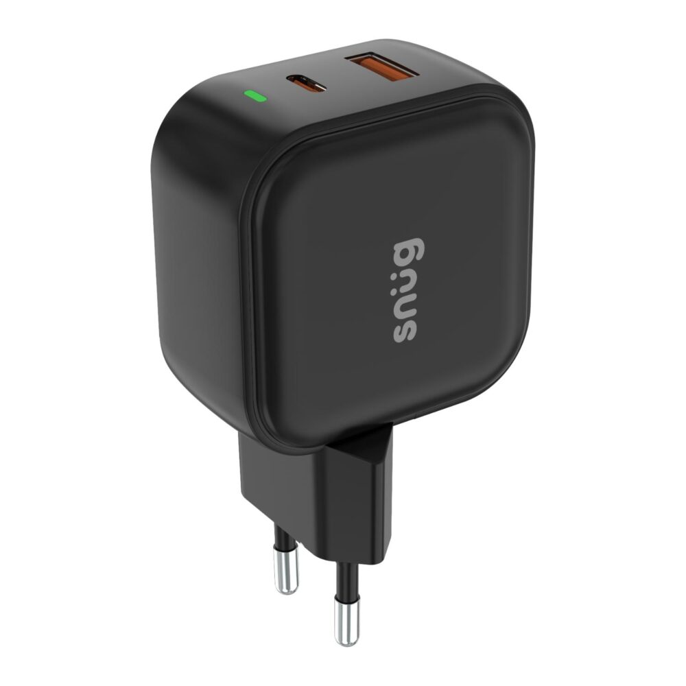 Front view of the black Snug 45W GaN wall charger with USB-C and USB-A ports