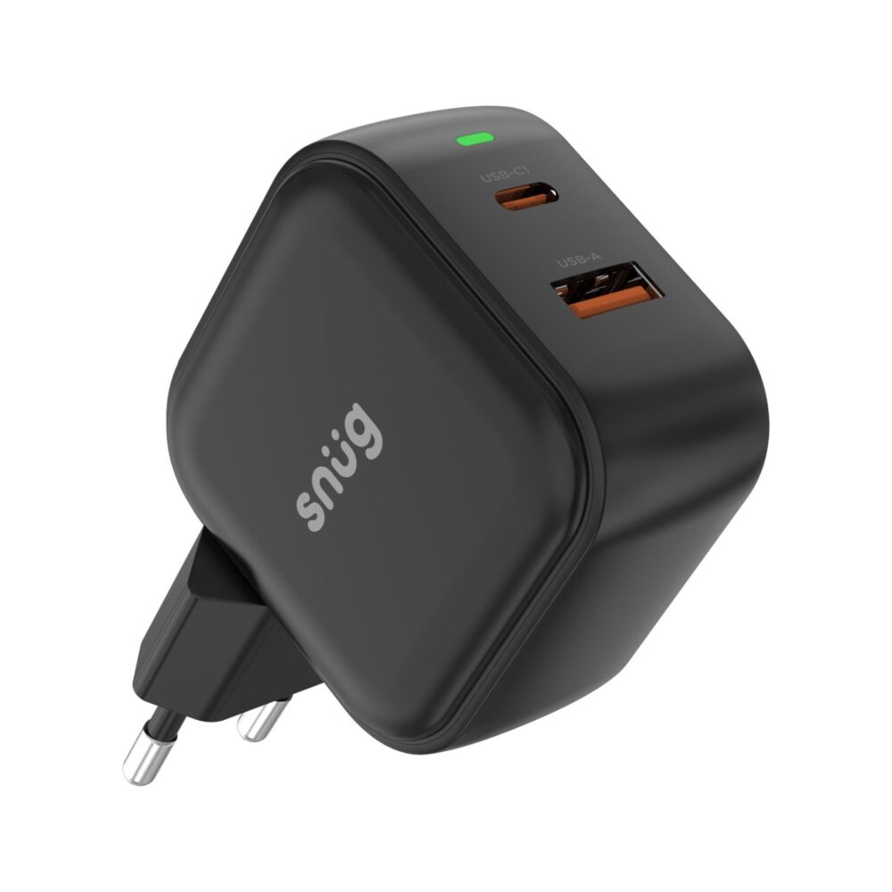 Angled view of the black Snug 45W GaN wall charger showing its USB-C and USB-A ports