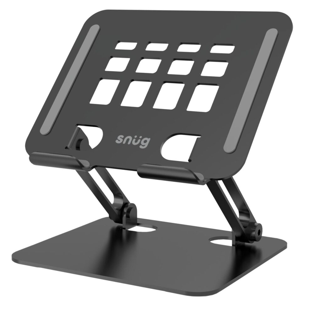 Angled view of the black Snug Multi Angle Tablet Stand with adjustable support arms