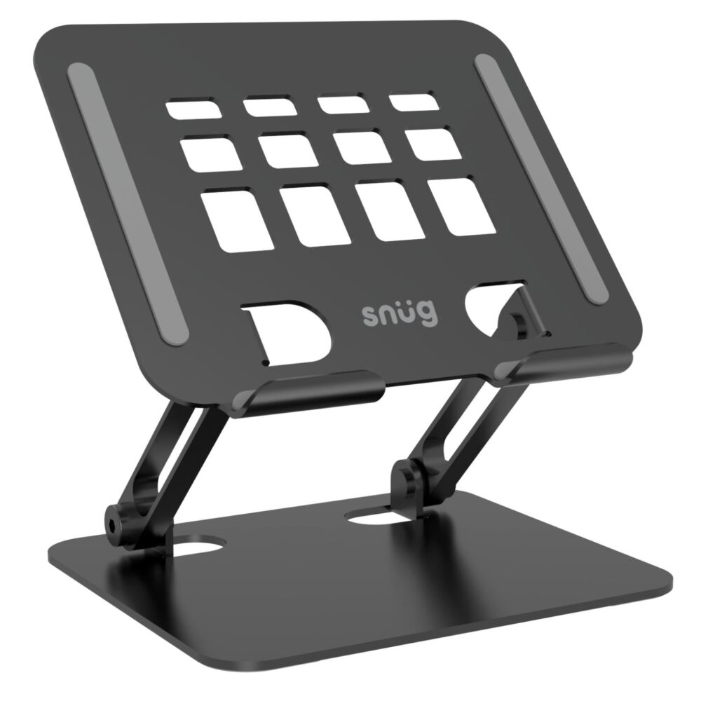 Raised view of the black Snug Multi Angle Tablet Stand showing its ventilated platform and non-slip pads
