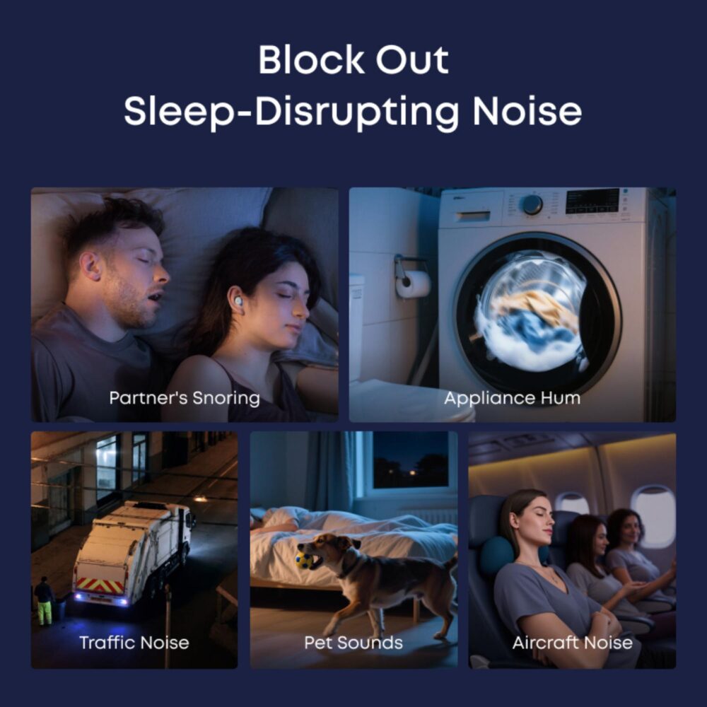 Soundcore A30 sleep earbuds highlighting noise reduction for snoring, appliance hum, traffic, pets and aircraft