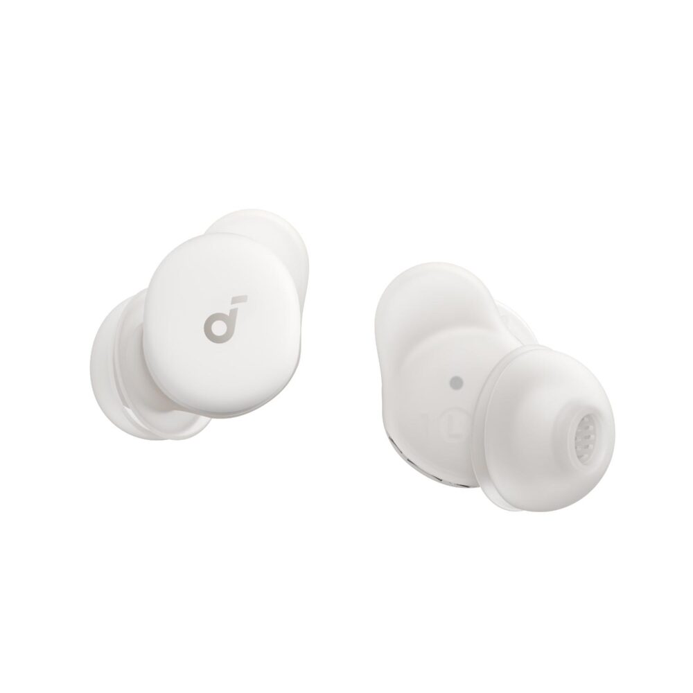 White Soundcore A30 Sleep TWS earbuds shown from front and rear angles