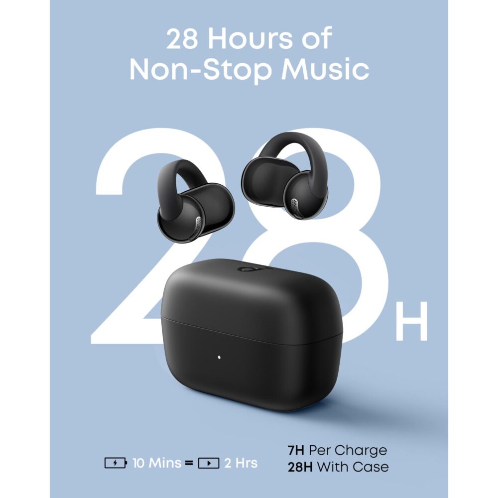 Black Soundcore C50i clip-on earbuds and charging case highlighting up to 28 hours of music playback