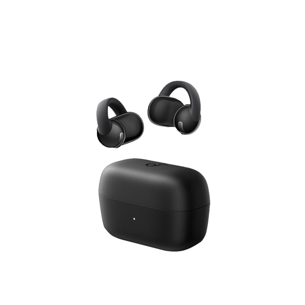 Black Soundcore C50i clip-on TWS earbuds displayed above their matching charging case