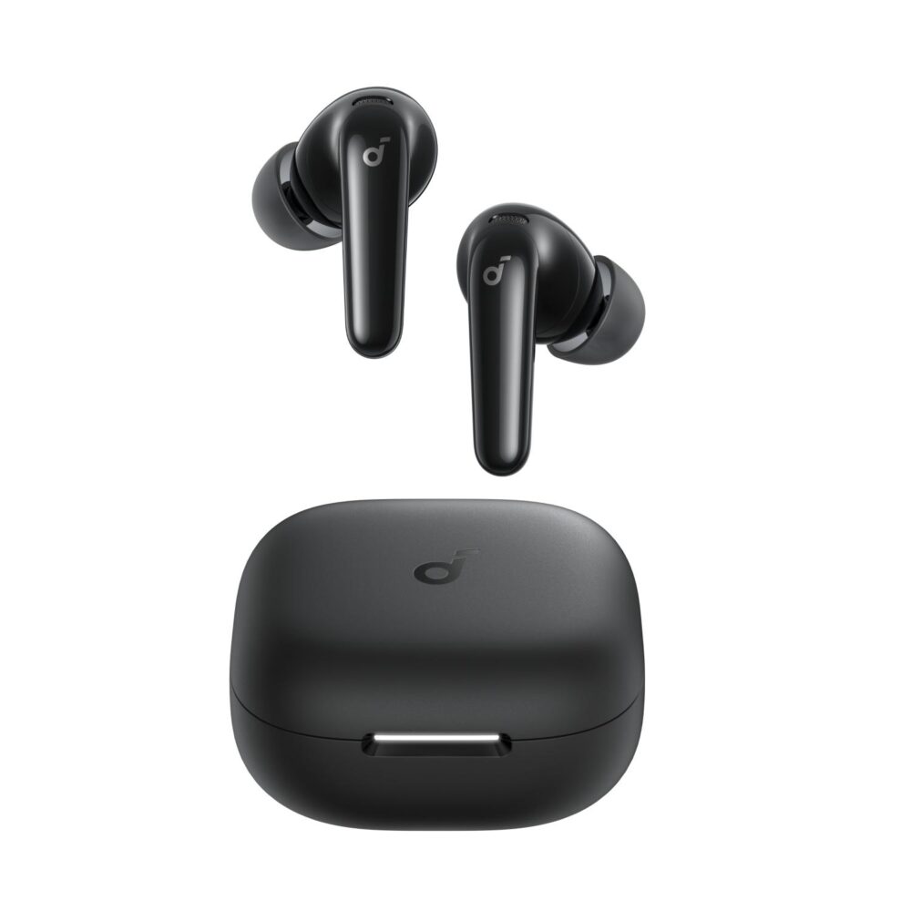 Black Soundcore P31i true wireless earbuds displayed above their matching charging case